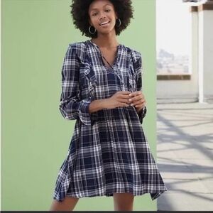 LOFT Blue Plaid Ruffle Dress‎ size S